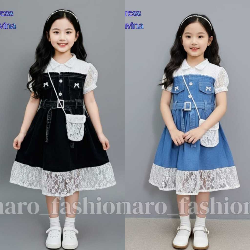 Davina Dress jeans anak perempuan import korean style mix brukat Free Tass usia 3-10 tahun gaun kond