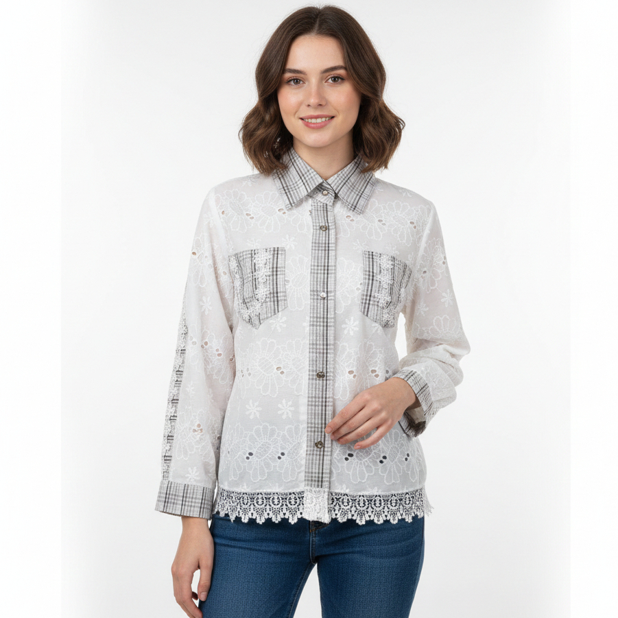 Kemeja Lengan Panjang Motif Bunga Putih Blouse Katun Wanita Kombinasi Brokat Renda & Adem Berfuring