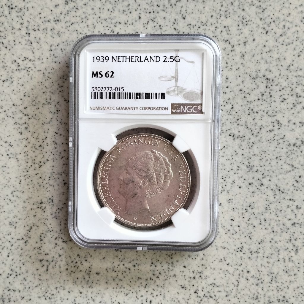 NGC MS 62 Koin Perak 2.5 Gulden Wilhelmina Netherland 1939 Silver Coin