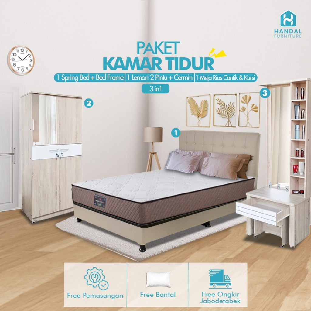 Termurah Paket Kamar Tidur 3in1 Hemat Set Elite Serenity Superstar + Lemari 2Pt + Meja Rias Oak Muda