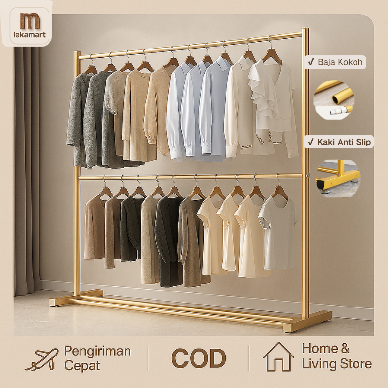 Rak Gantungan Baju 2 Susun Besi Kokoh | Gantungan Baju Berdiri Rak Pakaian Multifungsi