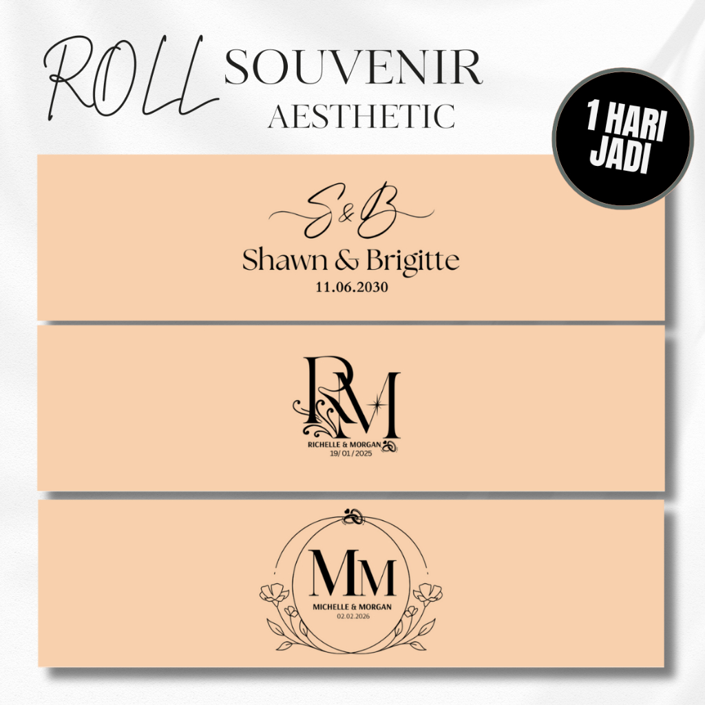 Roll label souvenir pernikahan simpel tema inisial nama, cocok untuk souvenir wedding, pengikat souv