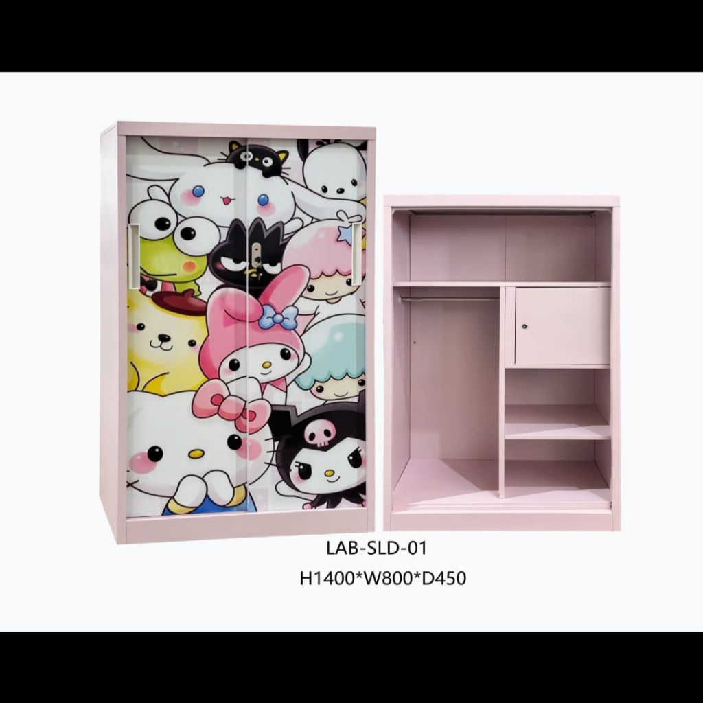 Lemari Pakaian Plat Besi 2 Pintu Sliding Uk.85cm - Motif Anak - Lemari Besi Anak