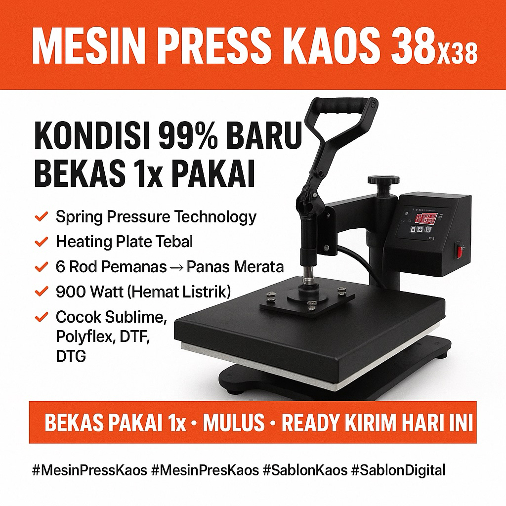 Mesin Press Kaos 38x38 EF-02 – Bekas Pakai 1x – Kondisi 99% Baru – Spring Pressure – 900W