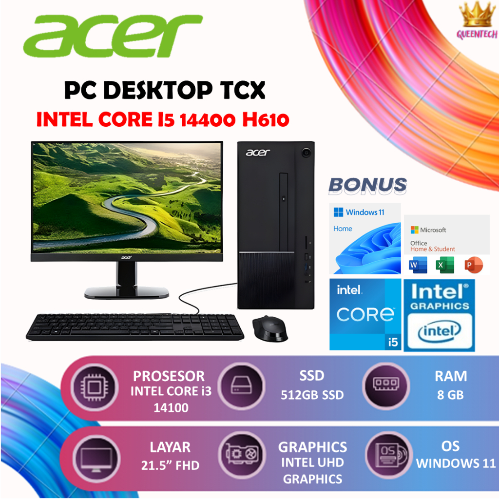 ACER PC DESKTOP TCX INTEL CORE I5 14400 H610 [8GB/512GB] W11+OHS +LED 21.5