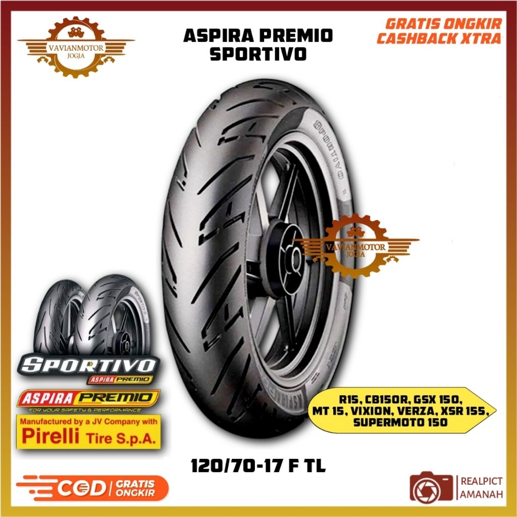 Ban Aspira Premio Sportivo 1 120/70-17 Ring 17 Original Kualitas Terbaik Bisa untuk R15 CB150R GSX15