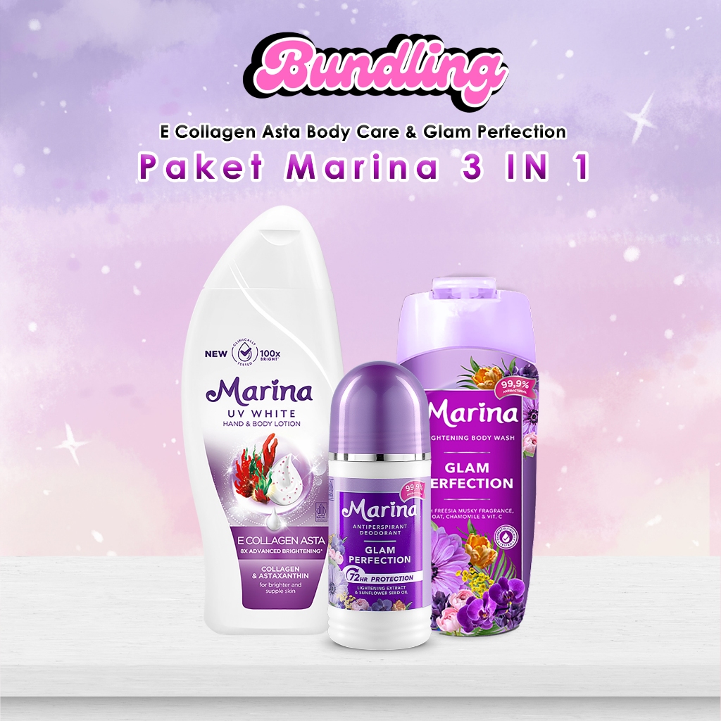 Marina 3 in 1 Paket Perawatan Kulit Lengkap E Collagen Asta & Glam Perfection untuk Hasil Kulit Cera