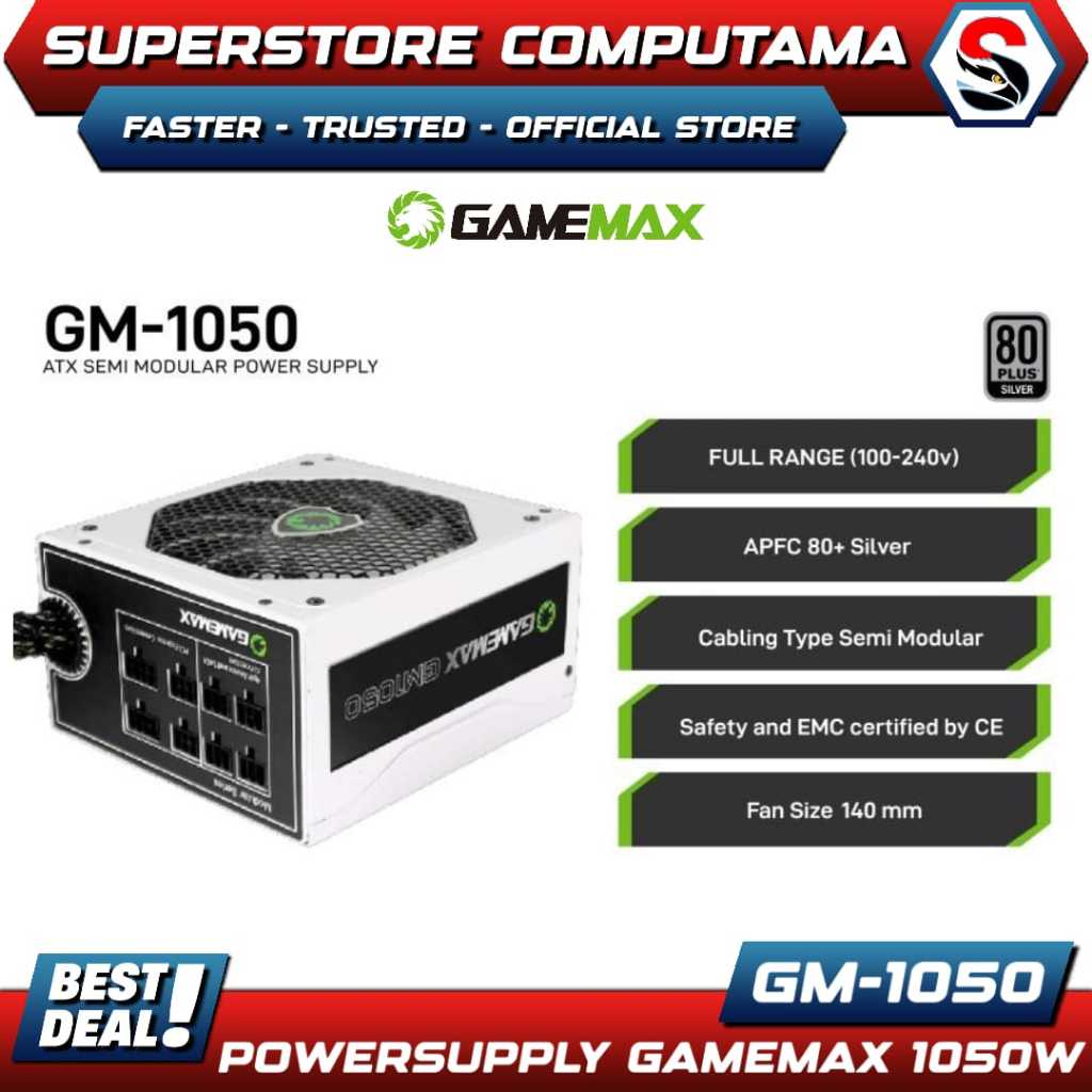 GAMEMAX GM-1050 1050W 80 Plus Silver Semi Modular ATX Power Supply Hitam