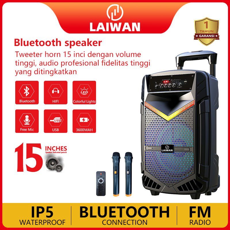 LAIWAN Speaker 15 inch Bluetooth karaoke portable+2xmic Wireless