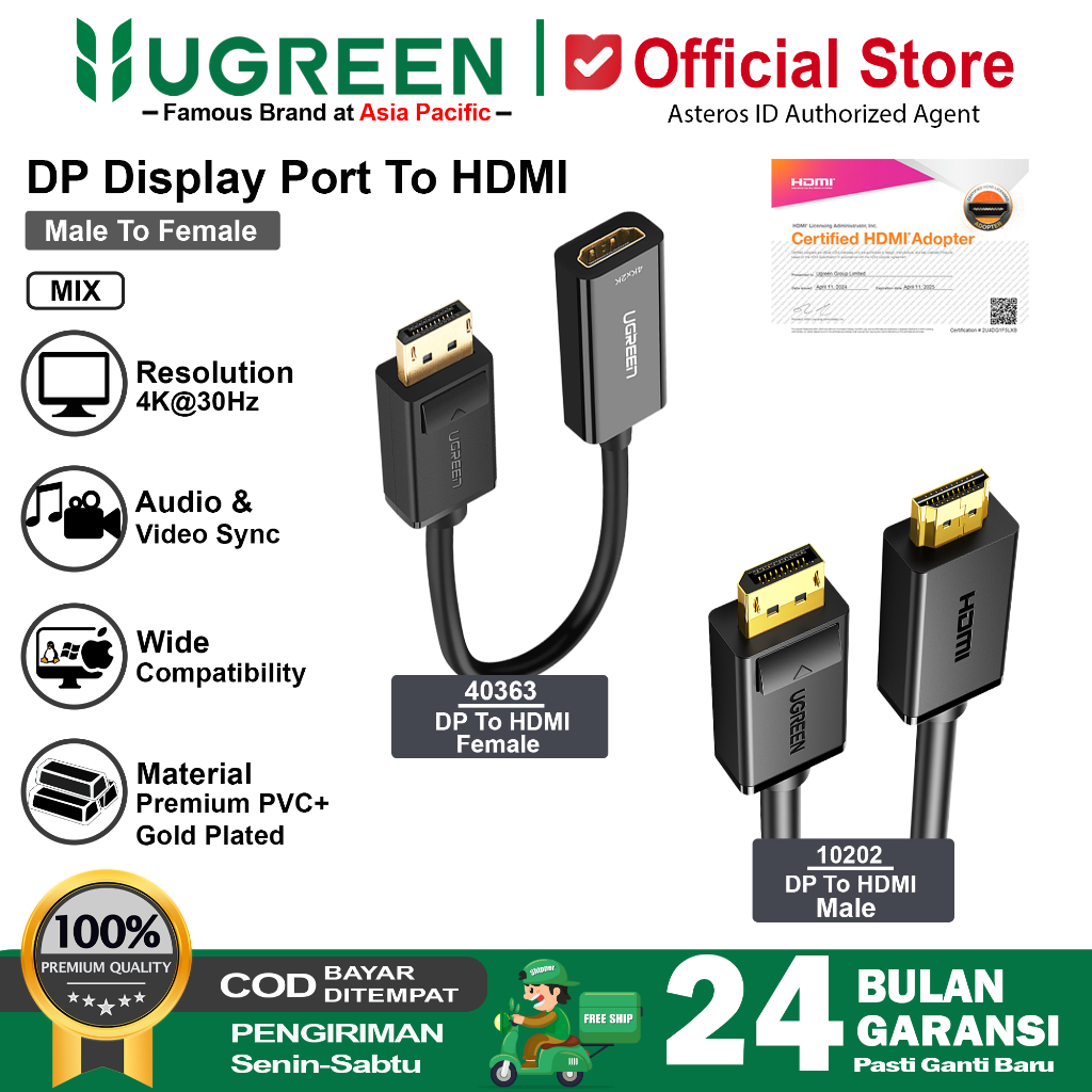 UGREEN Kabel Display Port to HDMI Male/Female 4K@30Hz 1080p@120Hz