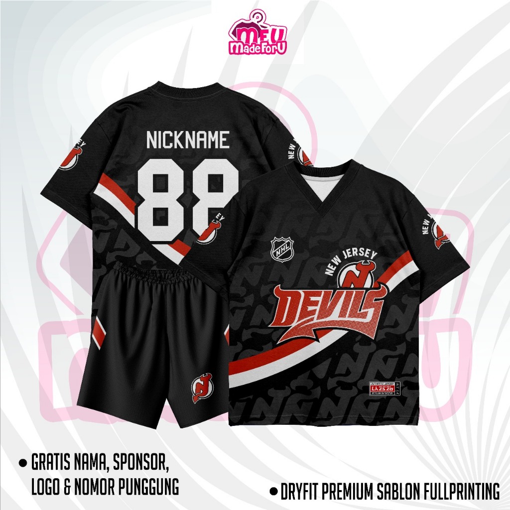 Jersey Baju Wanita/Pria DEVILS NEW JERSEY Series HITAM Custom Suka-Suka GRATIS NAMA DAN NOMOR PUNGGU