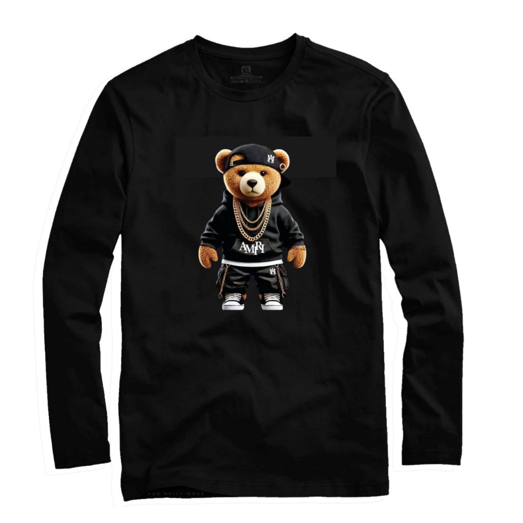 Kaos Teddy bear lengan panjang hitam keren