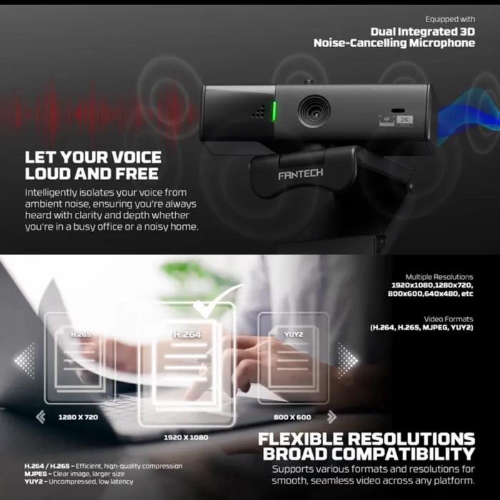 Fantech Webcam C50 for PC Laptop Gaming 2K HD 60FPS 1080p LUMINOUS with Noise Cancelling Mic