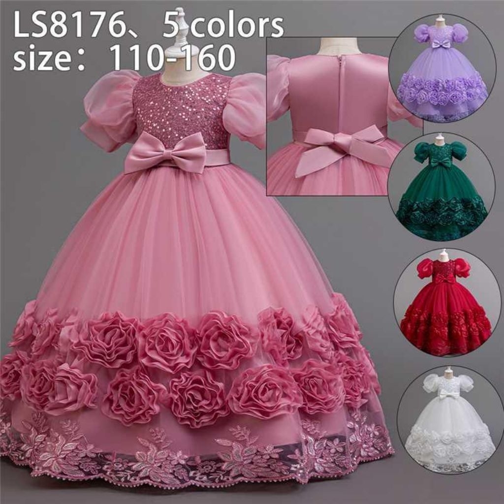 TERBARU GAUN PESTA ANAK MODEL MAWAR / GAUN NATAL ANAK MODEL MAWAR WARNA MERAH 4-12TH