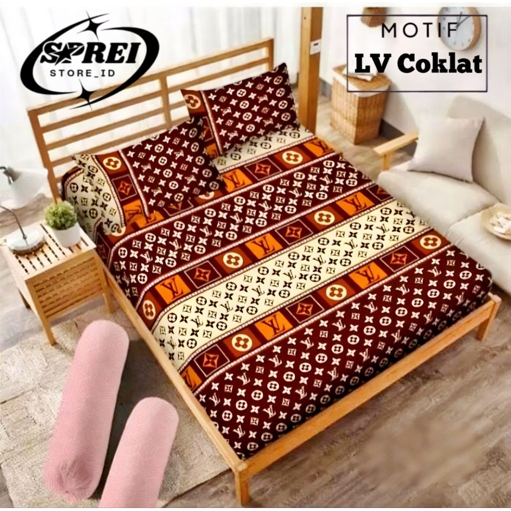 Sprei Aesthetic Motif Lv Coklat Sarung Bantal2 Sarung Guling1 180×200 Bahan Katun Halus
