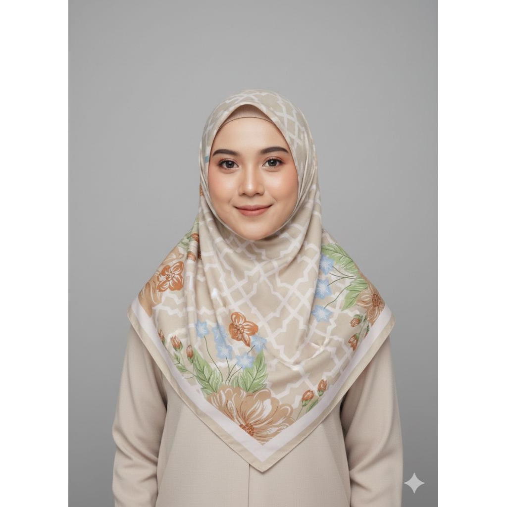 Hijab Segi Empat Bunga Coklat Susu