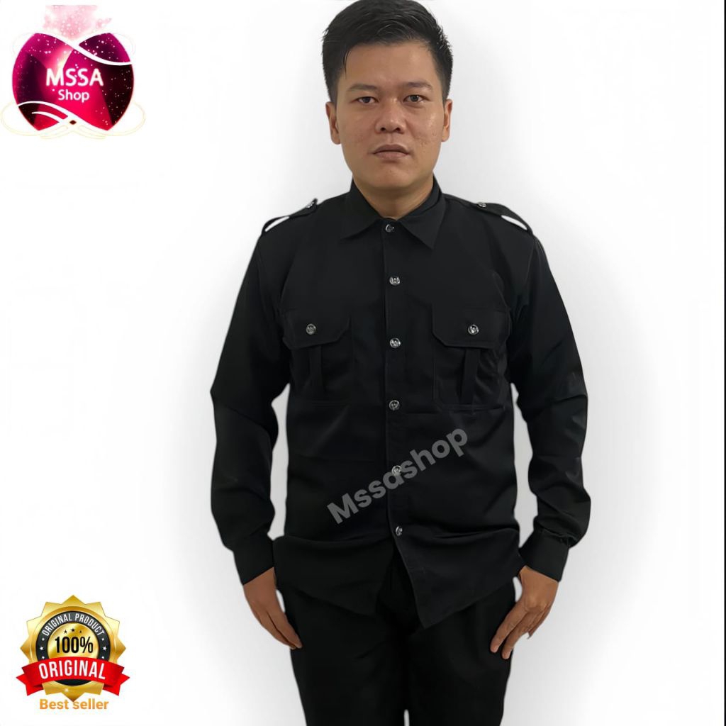 Seragam Safari [HITAM PEKAT] pakaian kerja Security hitam pekat Bodyguard hotel supir pribadi online