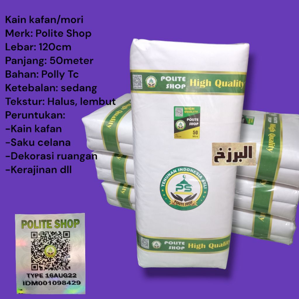 Merk Polite Shop 1 roll Kain Kafan Lebar 120cm Panjang 50m - Kain mori kaci blacu