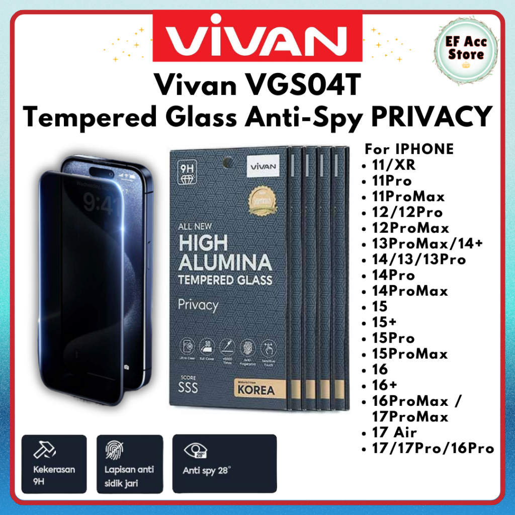 VIVAN VGS04T PRIVACY TEMPERED GLASS KACA IPHONE 11 12 13 14 15 16 17 AIR PRO MAX PLUS XR TG ANTI SPY