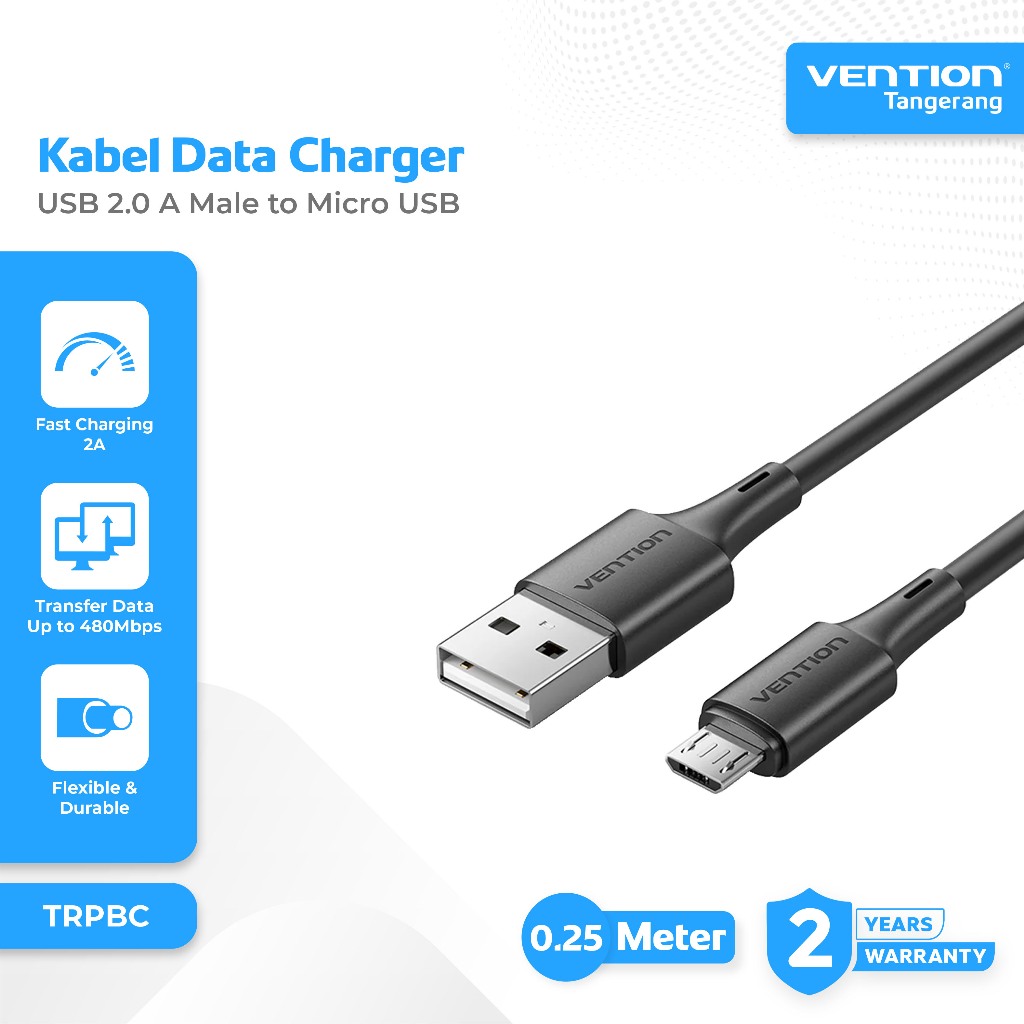 Vention Kabel Data Charger USB 2.0 A Male to Micro USB Fast Charging 10 Watt 2A Nickle Plated 0,25 M