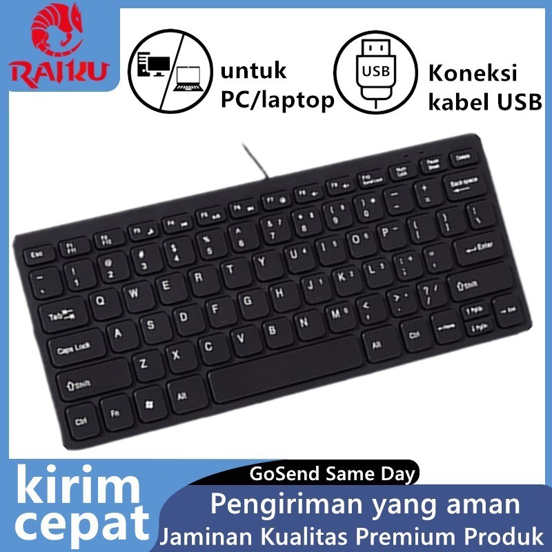 RAIKU Keyboard Mini USB Wired 78Key-Hitam gaming komputer pc silent tipis Keyboard Portabel