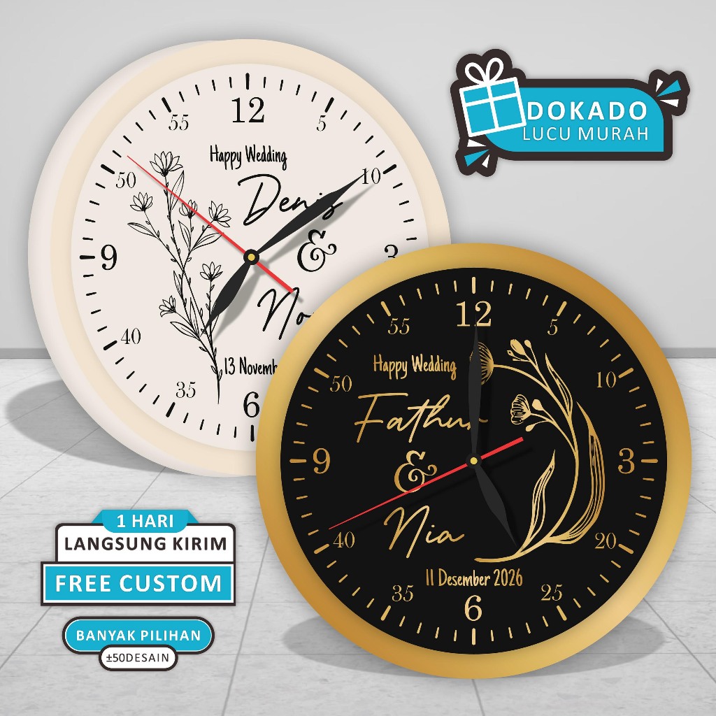 DOKADO Murah Lucu - Jam Meja Mewah Custom Tulisan Wedding Anniversary Glamour Hantaran Kawinan Unik