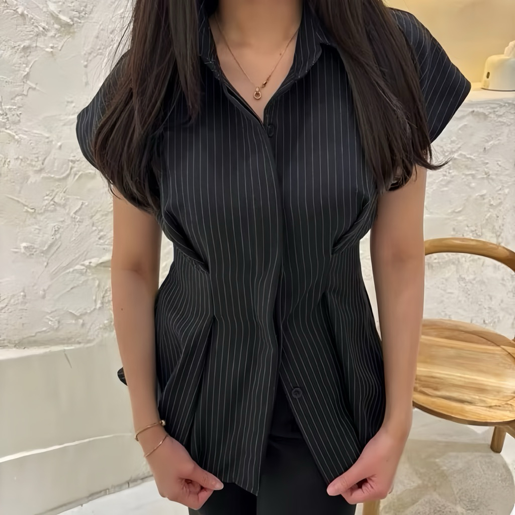 Alba Top - Kemeja Wanita Salur Slim Fit Lengan Pendek | Atasan Kemeja Cewek Kekinian | Baju Kerja Wa