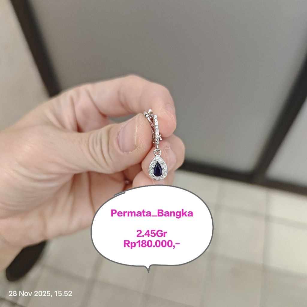 Anting Katip Mainan Batu Tetes Warna Blue Safir Perak Krum 925