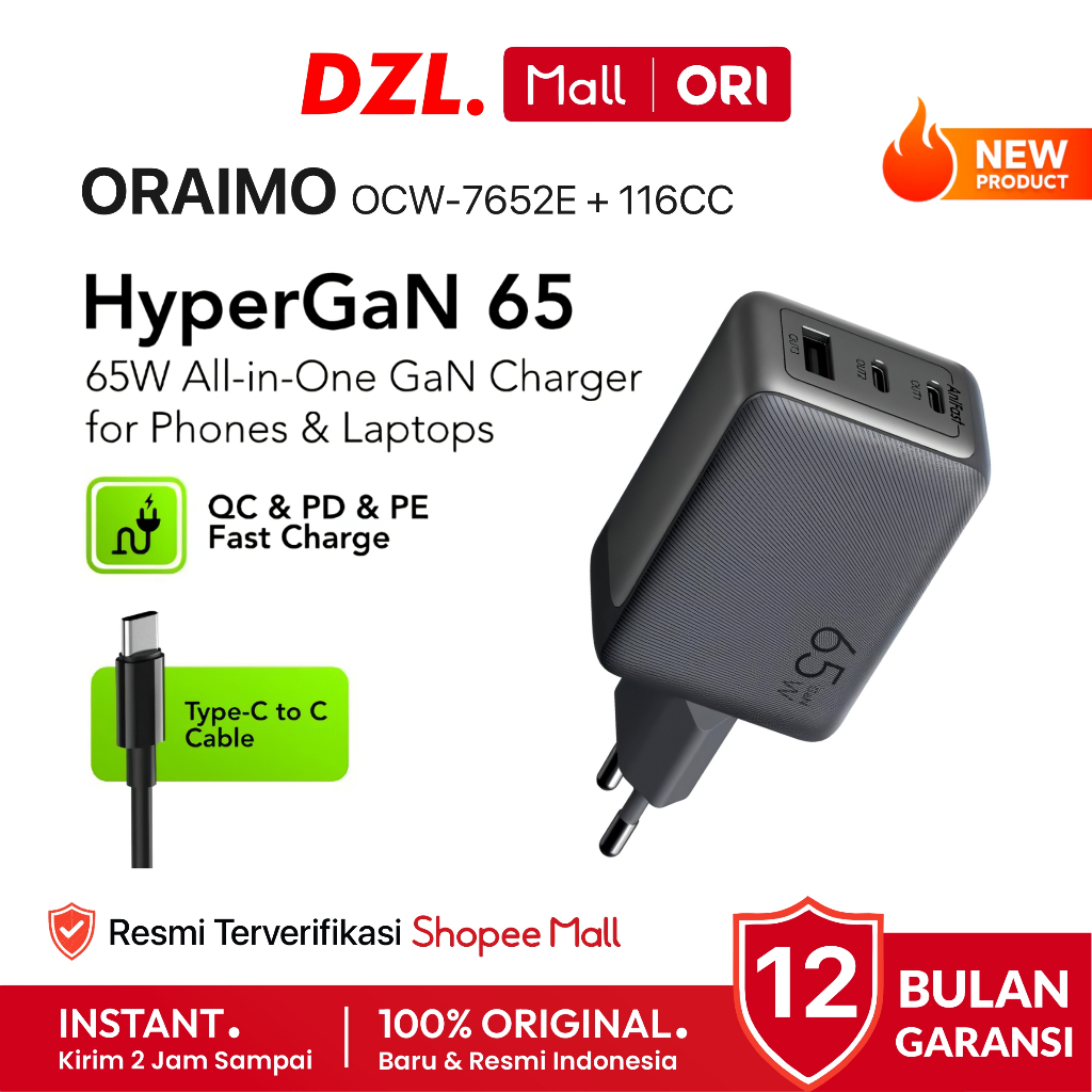 DZL - ORAIMO OCW-7652E 116CC 1SET GaN 65W Charger 3 Port PD QC Fast Charging + Kabel Type C to C 1M