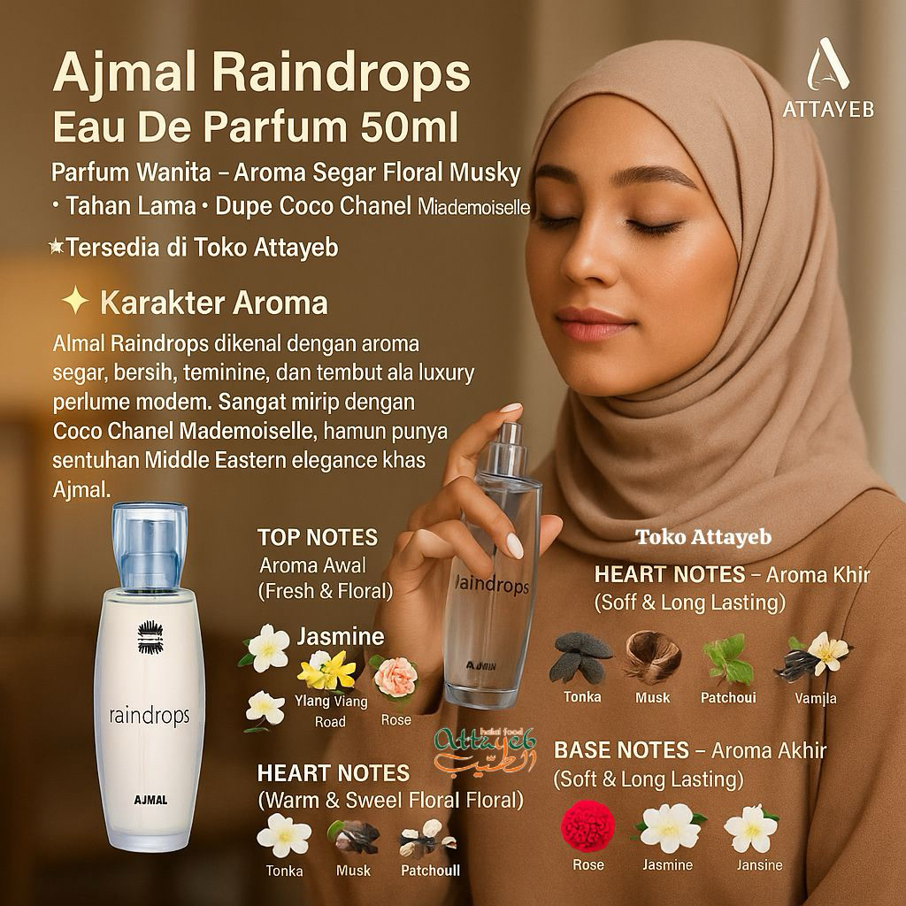 Parfum Ajmal Raindrops 50ml Spray Eau De Parfum Wanita Aroma Segar Floral Musky Tahan Lama Dupe Coco