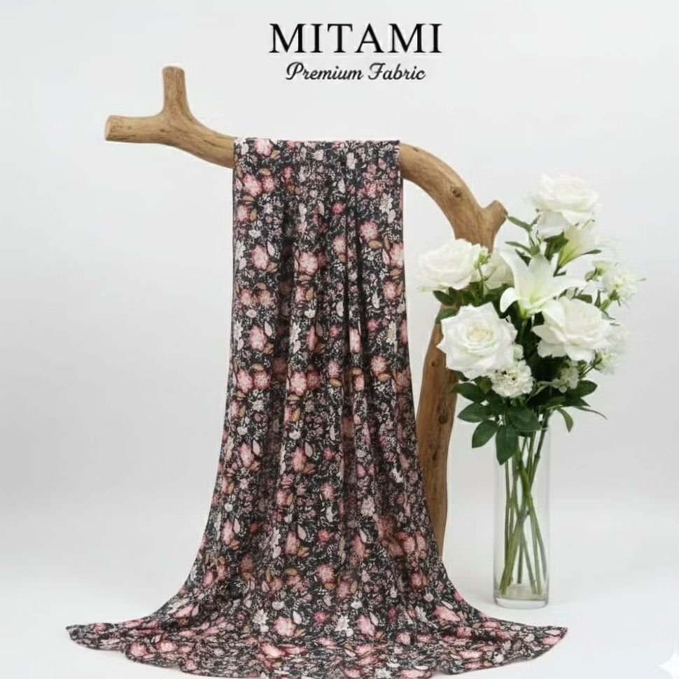 Kain Zara Crepe Motif Bunga Floral Hitam Pink Coklat (Harga Per 0,5)LQ