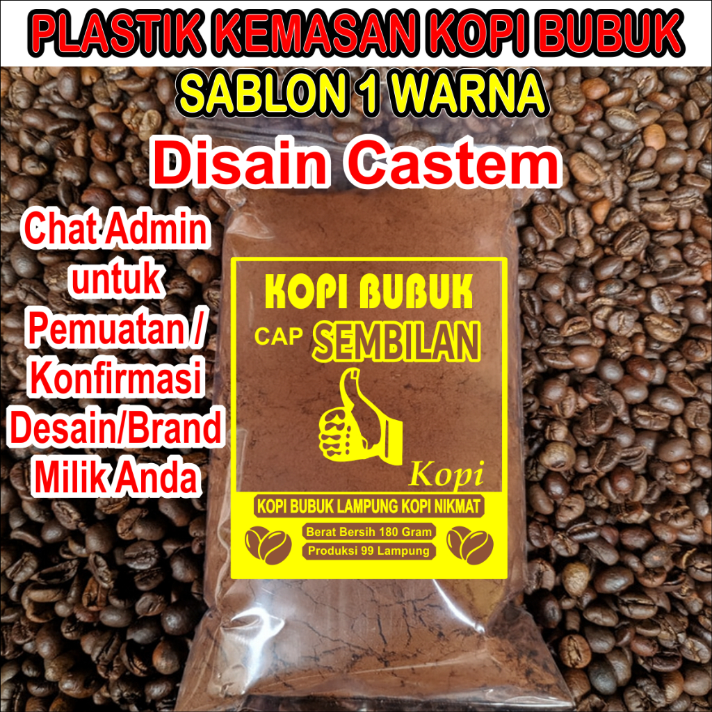 (isi 50 Lembar) Plastik Kemasan Kopi Bubuk, Desain Custom Sablon Plastik Kemasan Kopi / Coffe Bubuk