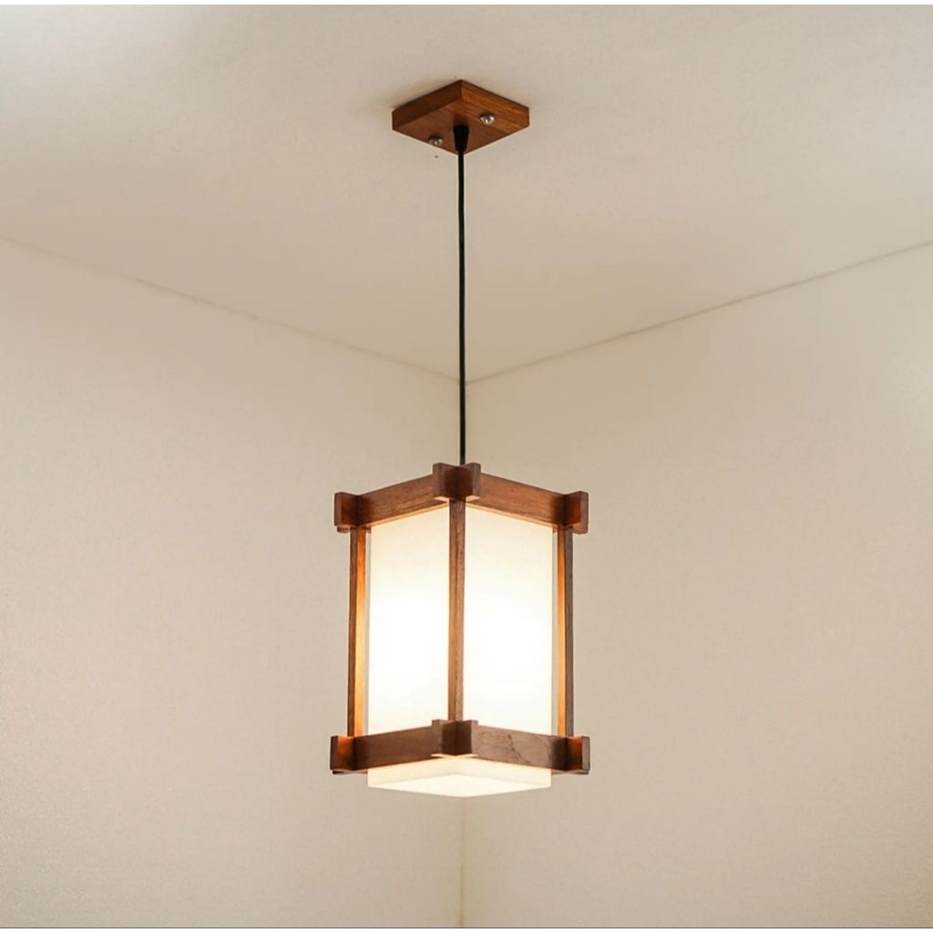 Lampu Gantung Kayu Jati Cafe Model jepang - walnut brown, kabel hitam