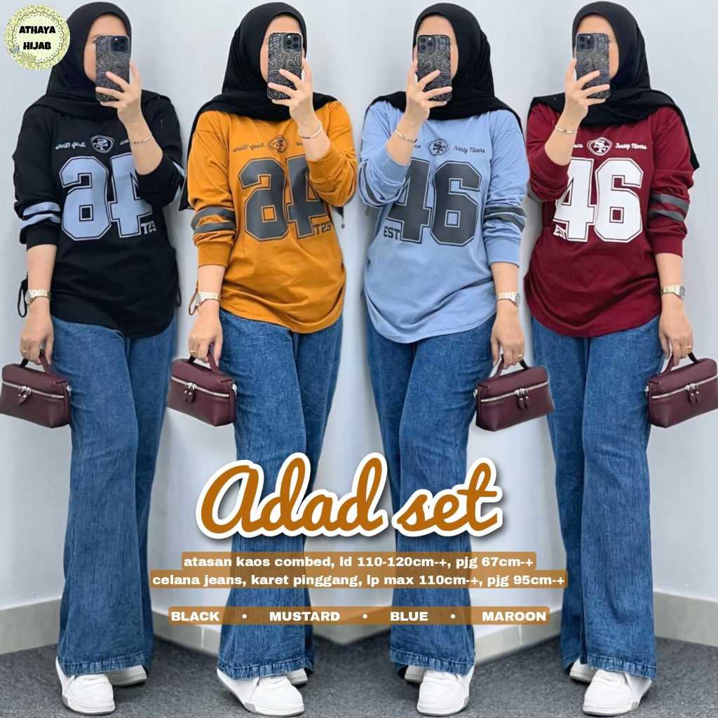 Adad Set Original Athaya Hijab Top Kaos Combed | Pant Jeans Setelan Wanita Atasan+Celana Adad Athaya