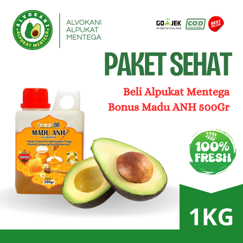 Paket Alpukat Mentega Super 1kg + Madu Murni ANH 500gr | Alpukat Premium Siap Makan & Madu Asli