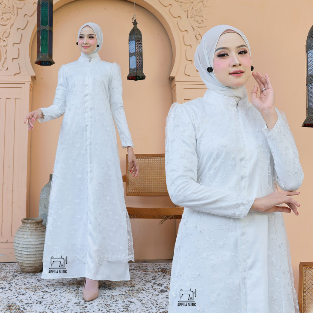 Virelyn Dress Brokat Putih Modern Cantik Premium Gamis Lebaran Akad Pesta Kondangan Wanita Busui Fri