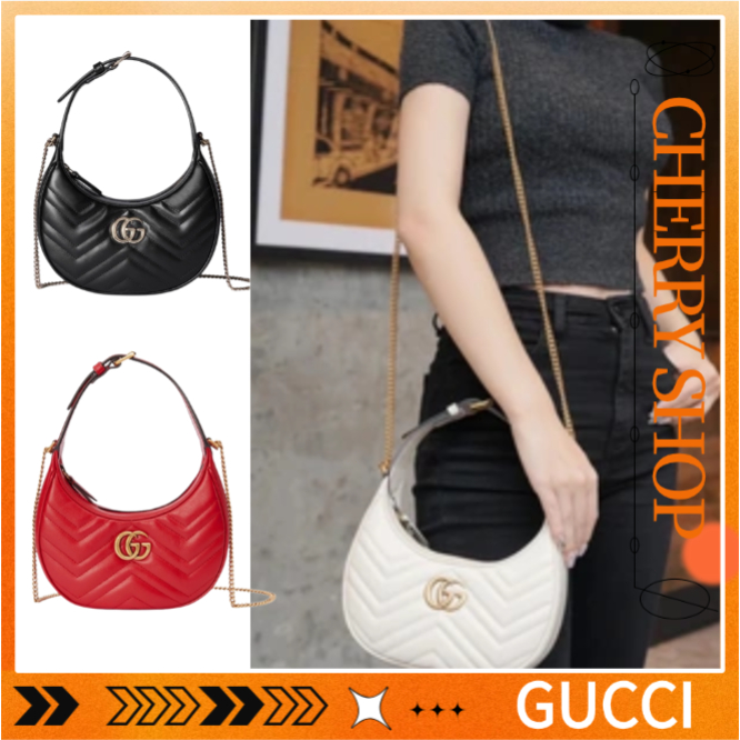 100% authenti Gucci GG Marmont series tas tangan mini berbentuk bulan sabit  Tas Messenger Rantai Wa