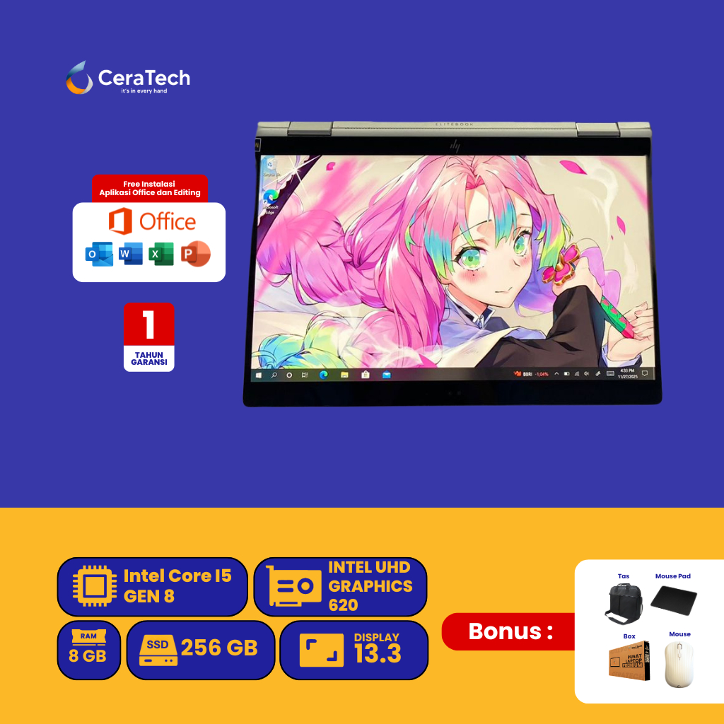 LAPTOP HP ELITEBOOK X360 1030 G3 INTEL CORE I5 GEN 8 RAM 8 GB SSD 256 GB