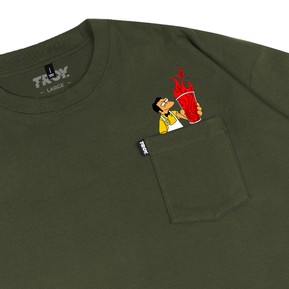 Troy Company Boxy Pocket Oversize Tshirt Army Green Flaming Beer - Kaos Boxy Oversize Hijau Army BKD 3449
