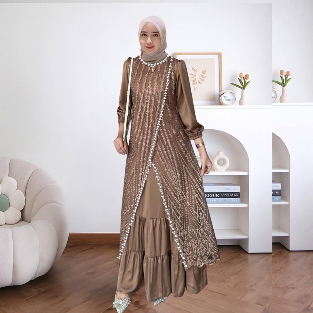 MAXI MAUDY SATIN BORDIR ( M L XL XXL ) GAMIS PESTA BRUKAT MUTIARA MEWAH GAMIS KONDANGAN /BAJU IBU AN