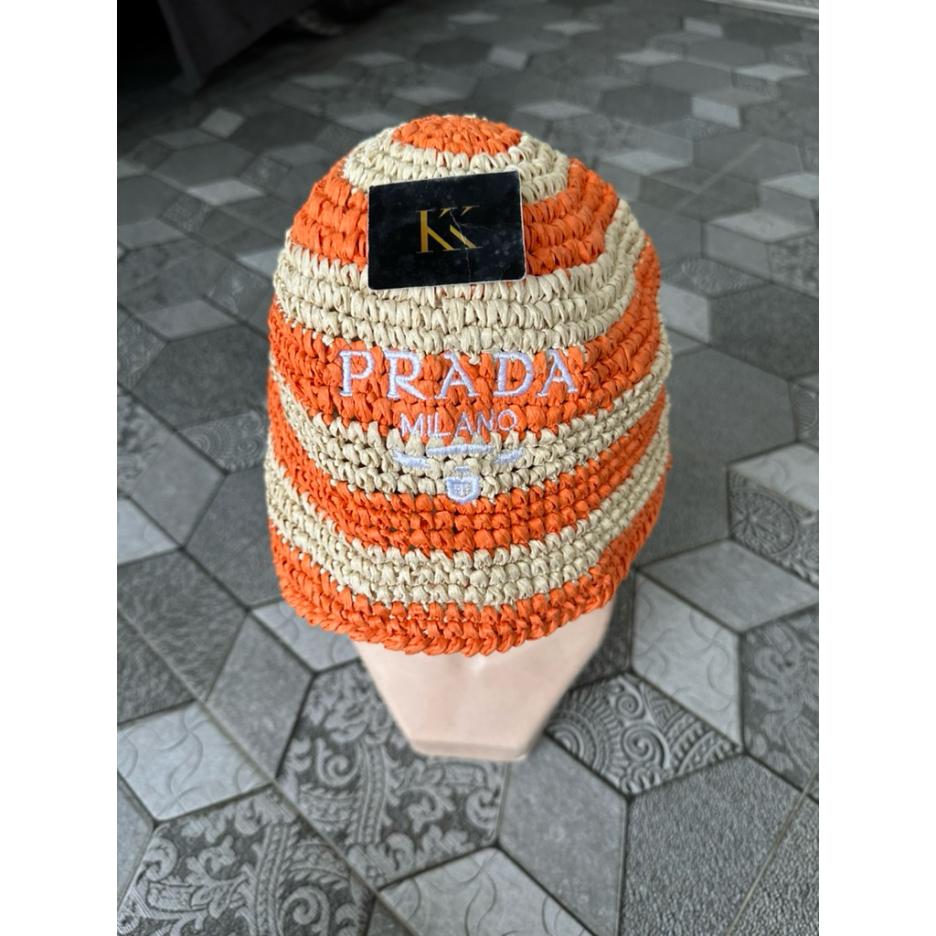 PRADA Logo Striped Raffia Bucket Hat