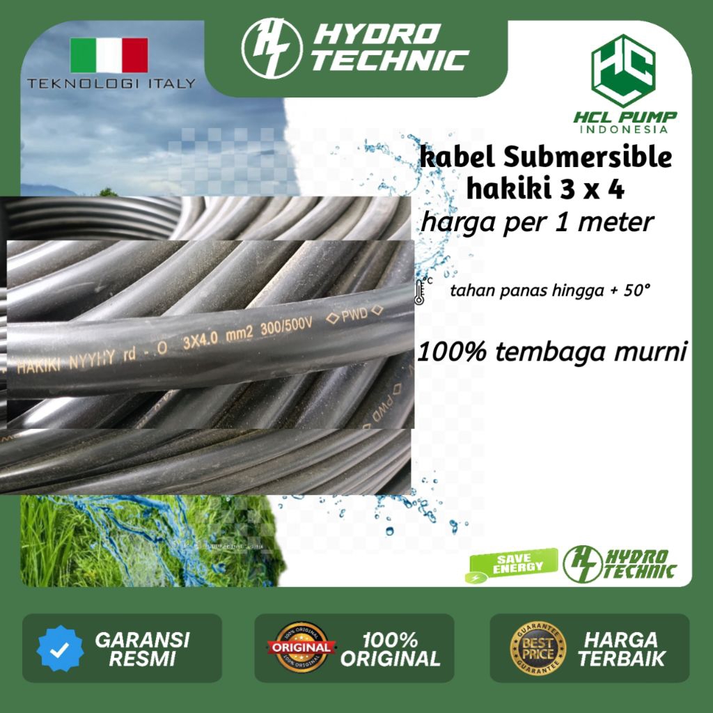 kabel Submersible hakiki 3 x 4 100% tembaga murni