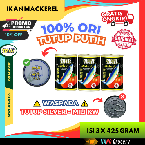 3 Kaleng Sarden Mili Mackerel Original 425 Gram | Ikan Sarden Kaleng "Tutup Putih"
