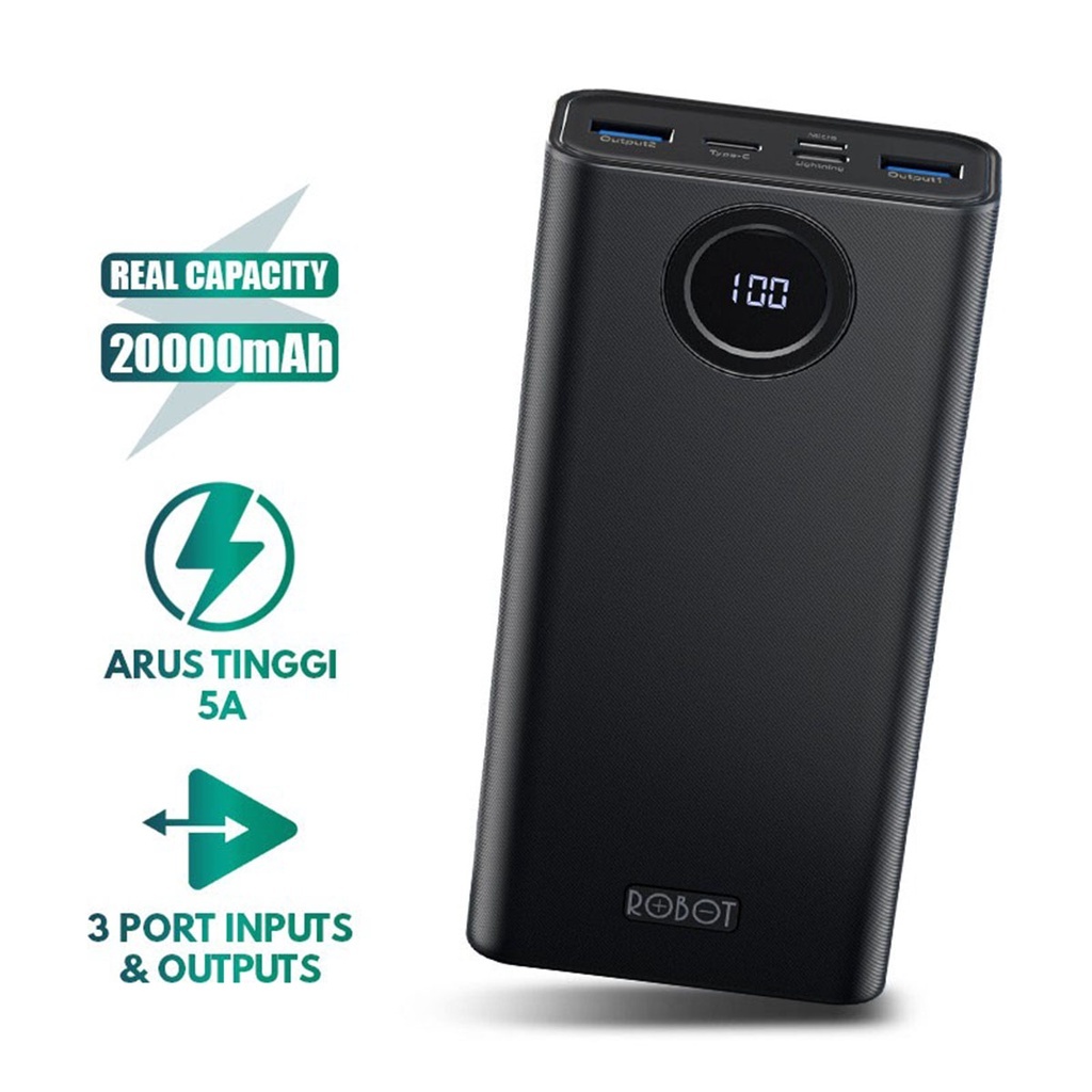 POWER BANK ROBOT 20000MAH RT20 DUAL INPUT & OUTPUT REAL CAPACITY