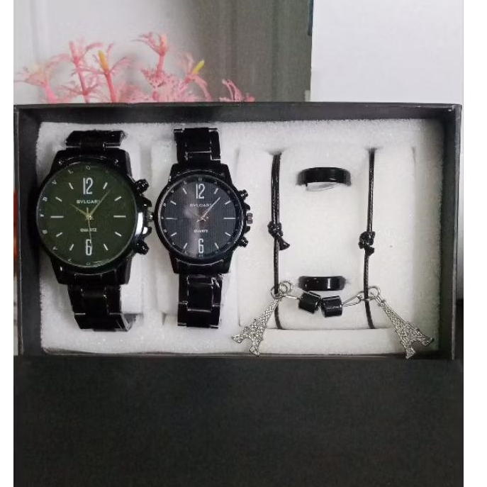 Jam tangan rantai couple Bulgari pria wanita free gelang dan cincin