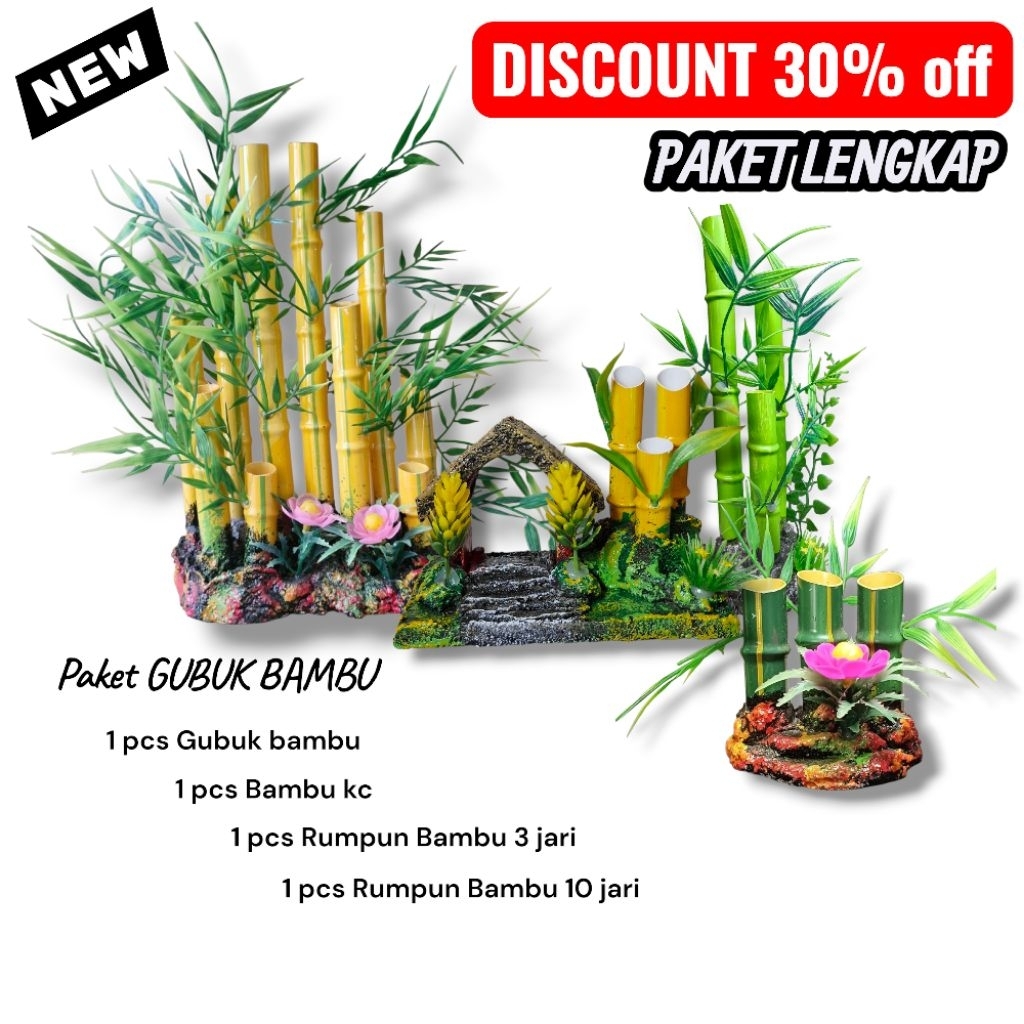 Paket lengkap Hiasan Dekorasi Aquarium Aquascape Gubuk Rumpun Bambu