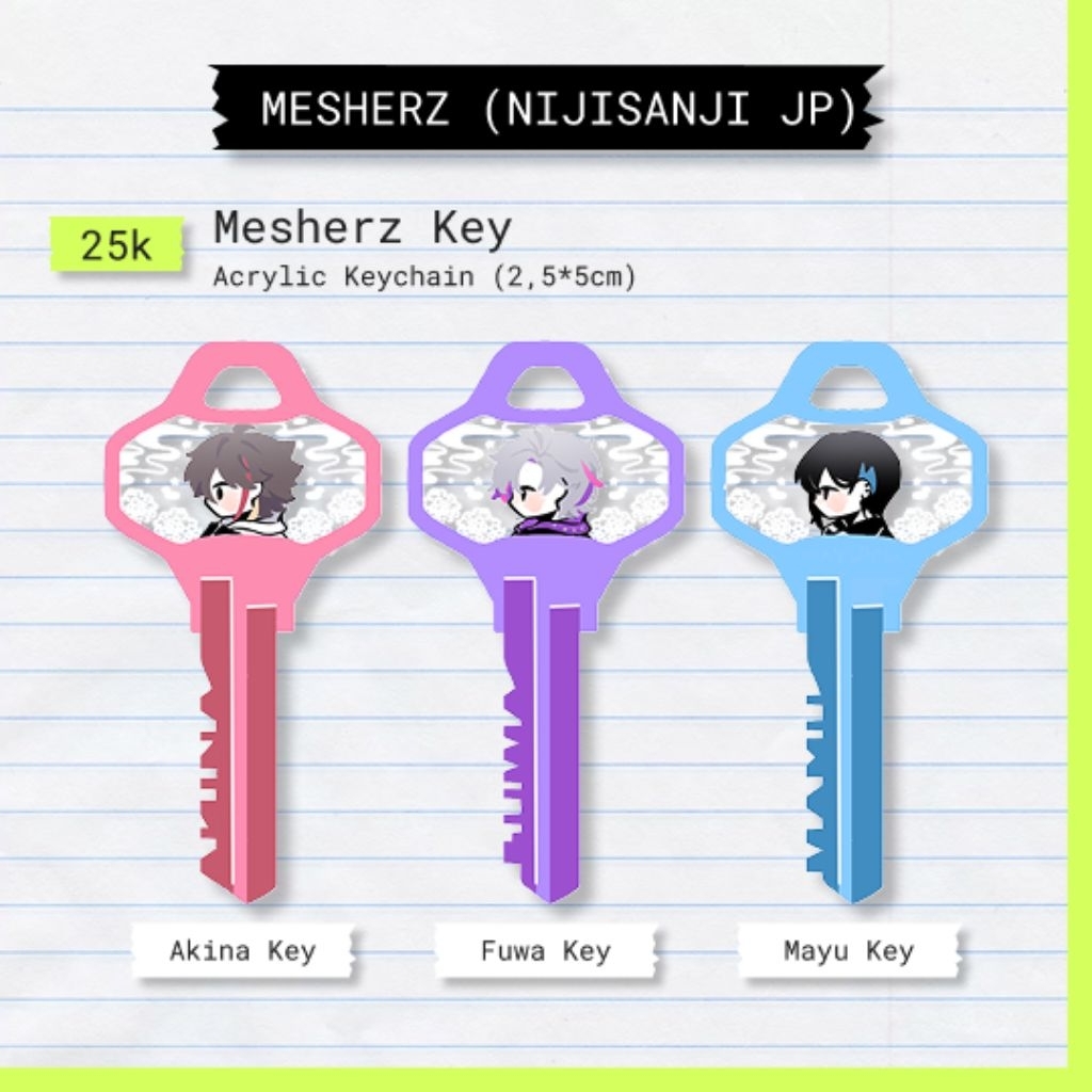 Gantungan Kunci Akrilik bentuk Kunci Vtuber NijisanjiJP MESHERZ (Fuwa Minato, Fuwagusa Akina, Mayuzu