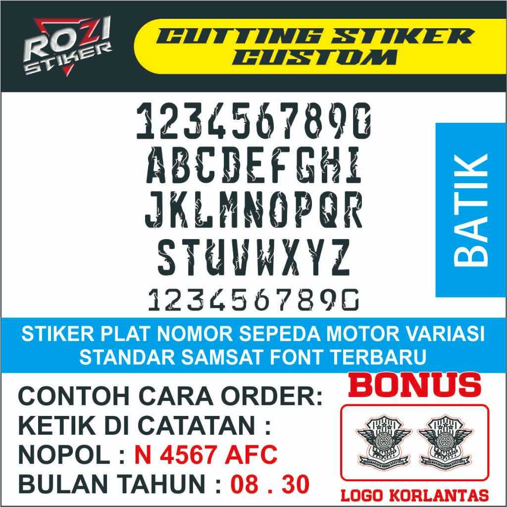 STIKER (reflektif) PLAT NOMOR SEPEDA MOTOR VARIASI FE FONT TERBARU