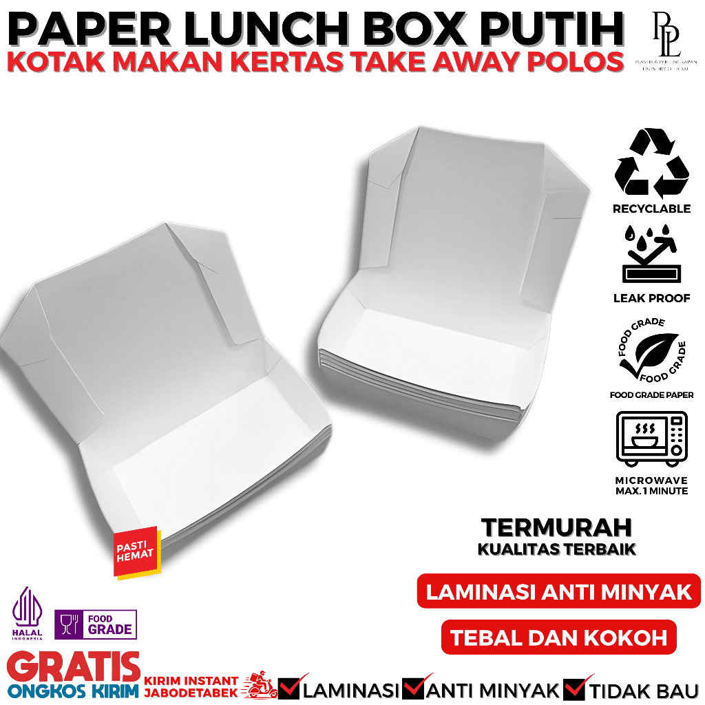 [PUTIH] Paper Lunch Box Polos Ivory Full Laminasi Size M/L | Kotak Makan Kertas Take Away Polos Isi 