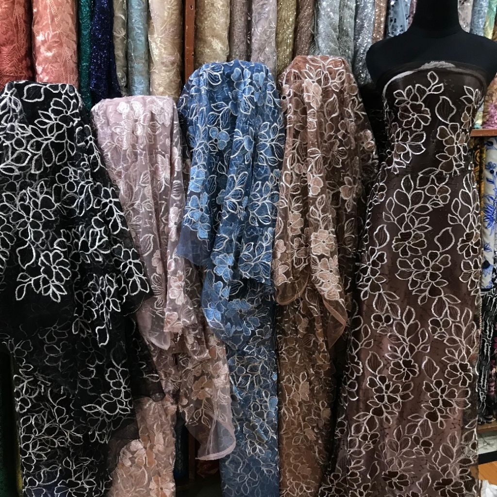 kain tille Prada ~ kain tille Prada bordir flower timbul ~ kain Tulle Prada timbul mewah elegan